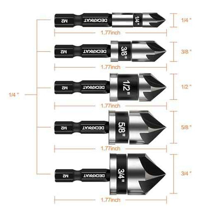 5 Pcs Countersink Drill Bit Set, Industrial Grade M2 High-Speed Steel, 82 Degree, 5 Flute with 1/4¡± Quick Change Hex Shank, 1/4" to 3/4" Size for Metal, Wood & Plastic - Includes Durable Case