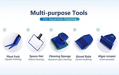 AquaticHI 5 in 1 Aquarium/Fish Tank Cleaning Kit/Tool, Algae Scraper, Fish Net, Sponge, Plant Fork, Gravel Rake, Length 19 inches (Non-Extendable)