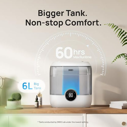 Dreo Smart Humidifiers for Bedroom, 6L Top Fill Supersized Cool Mist Humidifier for Large Room, 60 Hour Runtime, Quiet Ultrasonic Humidifier for Plants, Baby, Indoor, Home, Night Light, Black