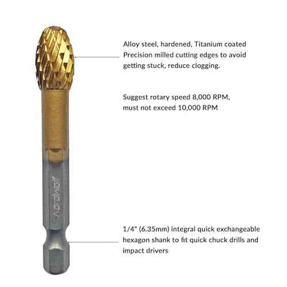 NordWolf 5-Piece Rotary Burr Carving Rasp Files Set, with 1/4" Hex Shank for Metal, Soft Metal, Wood & Plastic Deburring, Shaping, Grooving, Polishing and Grinding