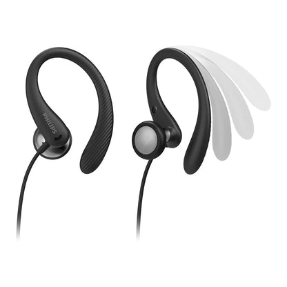 Philips Audio TAA1105BK/00 Sports Headphones with Microphone, in-Ear Headphones (Flexible Ear Hook, Bass Beat Vent, IPX2 Sweat Resistant, Secure Fit, in-Line Remote Control) Black