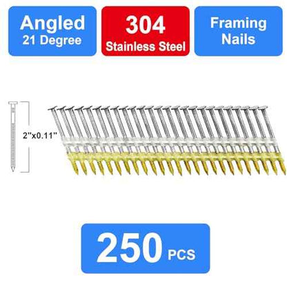 Framing Nails 304 Stainless Steel 21¡Æ Full Round Head Nail 21 Degree Ring Shank Nail for Pneumatic, Electric 21 degree Framing Nailer (2 inch (250 pcs))