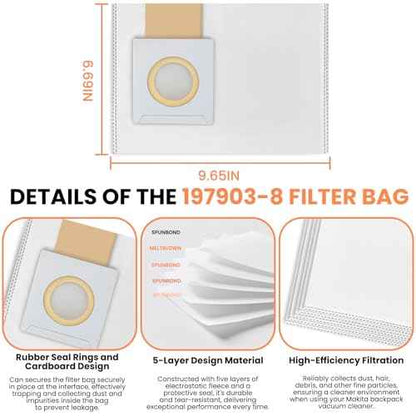 Zookpr 10-Pack 197903-8 Filter Bag for Makita Vacuum Filters 18V X2 LXT Backpack Vacuum Models XCV05, XCV09 and XCV10, White Filter Collector Dust Bag