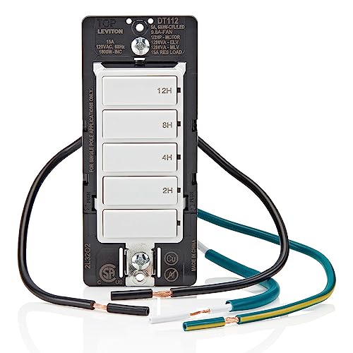 Leviton Countdown Timer Switch for bathroom fan and household lights, 5-10-15-30 min, No Neutral Required, Single Pole, 15A, 1/2 HP/9.8A Fan/Motor, DT130-1LW, White