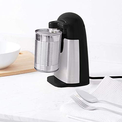 Amazon Basics 3-In-1 Electric Can Opener, Bottle Opener and Knife Sharpener, with Stainless Steel Blade, Magnetic Lid Holder, Automatic, Countertop, 50W, Black