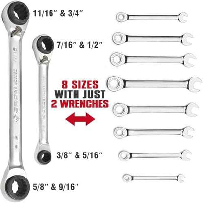 CROM 4-in-1 Reversible Ratcheting Wrench Set - 2 Piece, SAE, Double Box End Ratcheting Speed Wrench Set, 5/16¡±, 3/8¡±, 7/16¡±, 1/2", 9/16¡±, 5/8¡±, 11/16¡±, 3/4¡±, CR-V Steel, Mirror Polished (SAE 2 Piece)