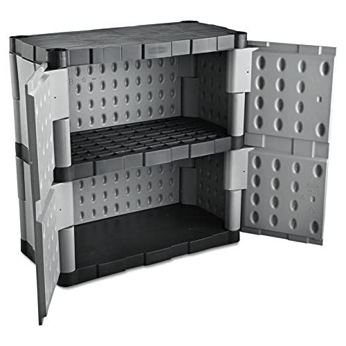 Rubbermaid Freestanding Storage Cabinet with Doors 18"D x 36"W x 37"H Medium Gray/Black Two-Shelf Lockable Cabinet for Indoor/Outdoor/Garage Storage for Garden Tools/Lawn Care Accessories