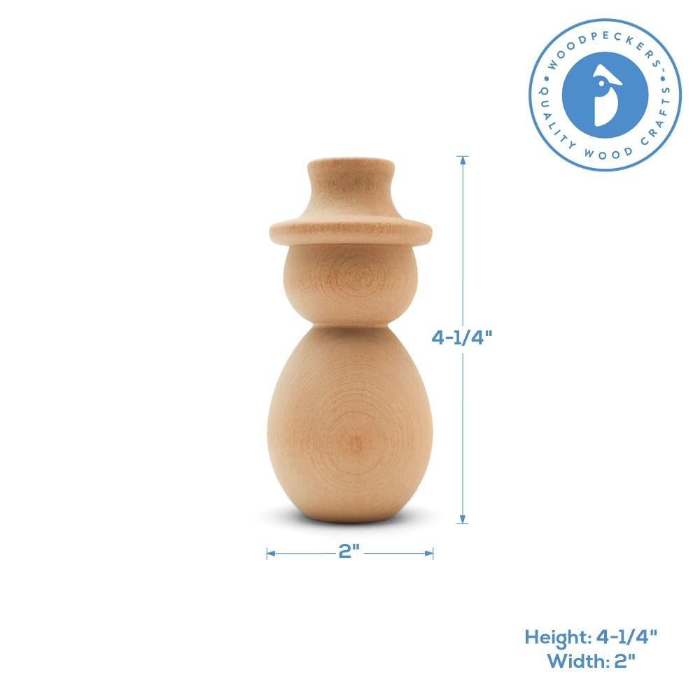 Unfinished Wood Snowman Shelf Sitter, 4-1/4 inch Pack of 5, Snowman Figurine for Holiday Décor, Large Snowman Pegdoll, by Woodpeckers