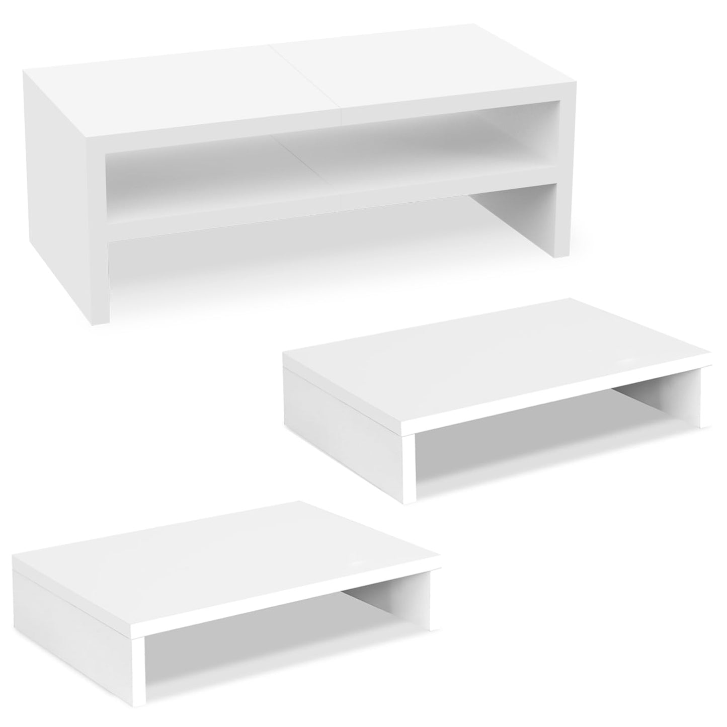 TEAMIX 2 Tier White Wooden Laptop Stand and 2 Pack White Monitor Stand Riser for Computer Desk Home Office Organization.