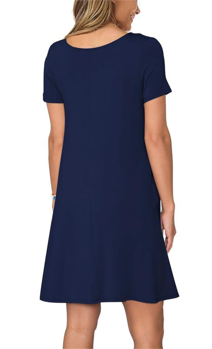 REGAI Women's Summer Casual Short Sleeve Crew Neck T Shirt Dresses Loose Swing with Pockets, NavyBlue, XL