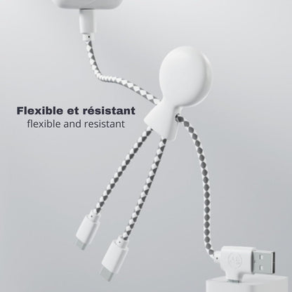 Xoopar Multi USB Cable 4 in 1 - Universal Charger Made from Recycled Plastic - USB, USB-C, Lighting, Micro USB Ports - Compatible with All Smartphones Mr Bio White Octopus
