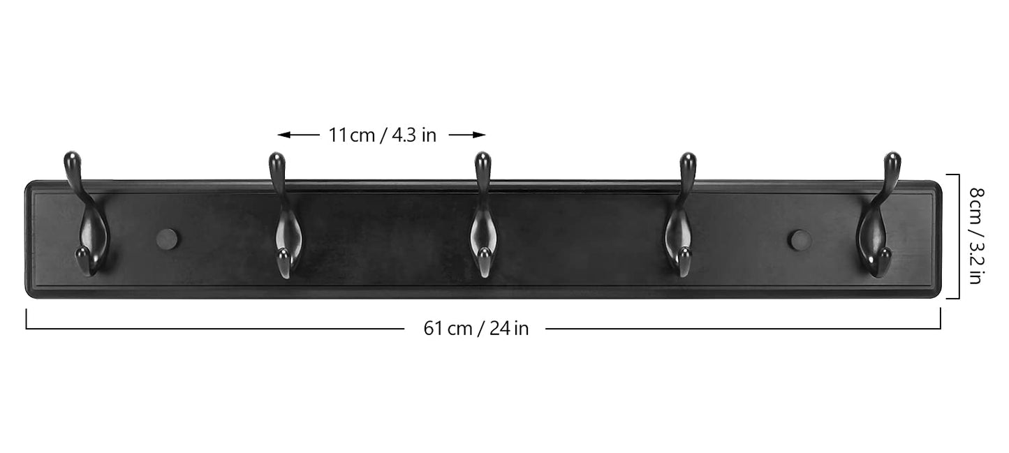 Badiano Wooden Coat Rack, Wall-Mounted Organizer for Closet, Entryway, Hallway, Foyer, Bedroom, Heavy Duty Double Hooks for Hanging Towels, Bags, Hats, Jackets, Key (Black, 5 Hooks)