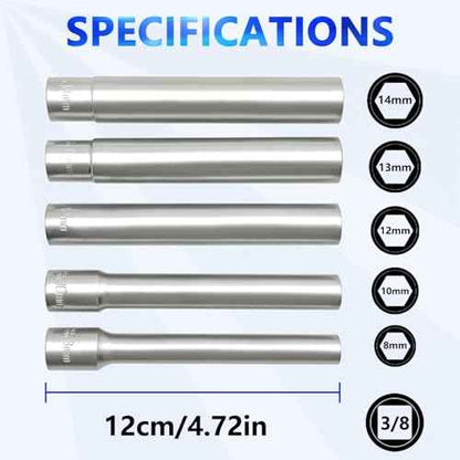 ZKTOOL 5PC Deep Metrichex Socket Set, 3/8-Inch Drive Deep Metric Socket Set 8-10-12-13-14MM - Extra Long Deep 120MM