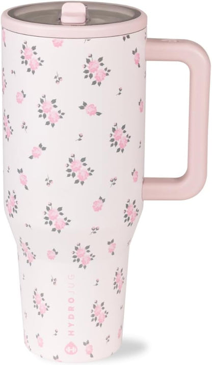HydroJug Traveler - 40 oz Water Bottle with Handle & Flip Straw - Fits in Cup Holder, Leak Resistant Tumbler-Reusable Insulated Stainless Steel & Rubber Base - Gifts for Women & Men, Wildrose