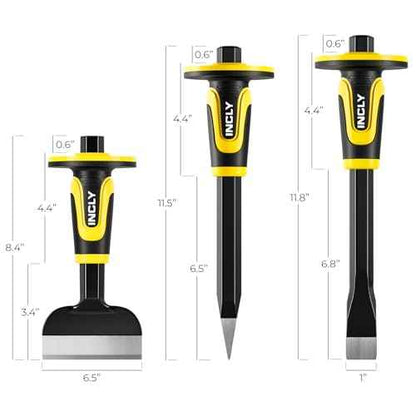 INCLY 3PCS Masonry Chisel Set with Hand Guard, Stone and Rock Chisel, Heavy Duty Concrete Chisel Tools Including 11 Inch Point & Flat, 8 Inch Brick Chisels for Breaking Splitting Cutting