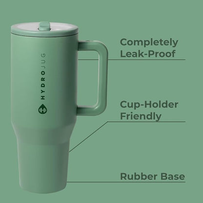 HydroJug Traveler - 40 oz Water Bottle with Handle & Flip Straw - Fits in Cup Holder, Leak Resistant Tumbler-Reusable Insulated Stainless Steel & Rubber Base - Gifts for Women & Men, Sage