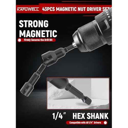 43Pcs Magnetic Nut Driver Set, Impact Driver Bit Set 1/4" Hex Shank, SAE & Metric Nut Driver Set for Impact Drill, Screwdriver Bit Set, Socket Adapter, Wing NutDriver, with Sturdy Tool Box