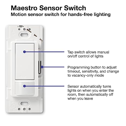 Lutron Maestro Motion Sensor Light Switch Indoor for Bathroom, Garage, Laundry Room, Any Bulbs, Occupancy Vacancy Sensor, Single-Pole, MS-OPS2-WH, White