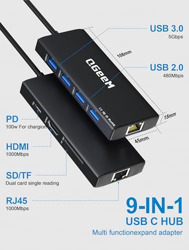 QGeeM USB C Hub Ethernet,9 in 1 USB Type C Hub HDMI Multi-Port Converter Adapter,100W Pd, USB 3.0,SD/TF Card Reader,Compatible for MacBook Pro Air Ipad HP Dell Lenovo Chromebook etc.