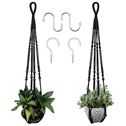RIFNY Macrame Plant Hanger for 5 to 10 Inch Plant Pots, 35 Inch Woven Rope Hanger Kits with Hooks and Wood Beads, Hanging Planter Basket for Indoor Boho Home Decor (Black, 2 Pack)