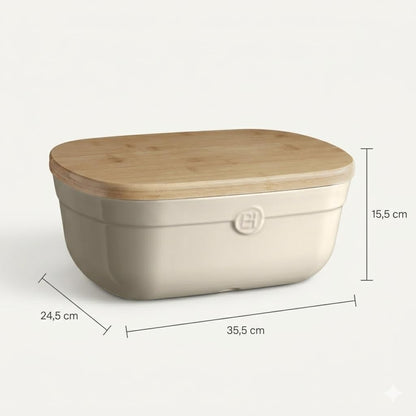 Emile Henry Made in France Ceramic Bread Box for Storage and Slicing 14"x 9.85"x 6", Clay