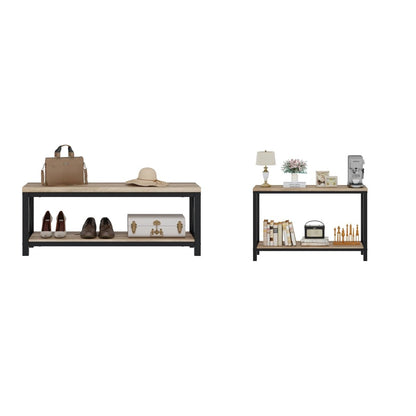 BON AUGURE Entryway Bench and Console Table Bundle – Farmhouse Wooden Metal Shoe Bench & Industrial Entryway Table for Foyer, Mudroom, Living Room, Hall (Vintage Oak)