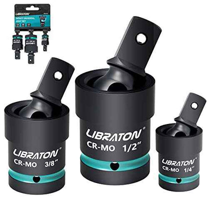 Libraton Swivel Socket Set, Impact Swivel Socket Set, Wobble Socket, Impact Grade Universal Joint, Cr-Mo Steel, 1/4-Inch, 3/8-Inch, 1/2-Inch Drive