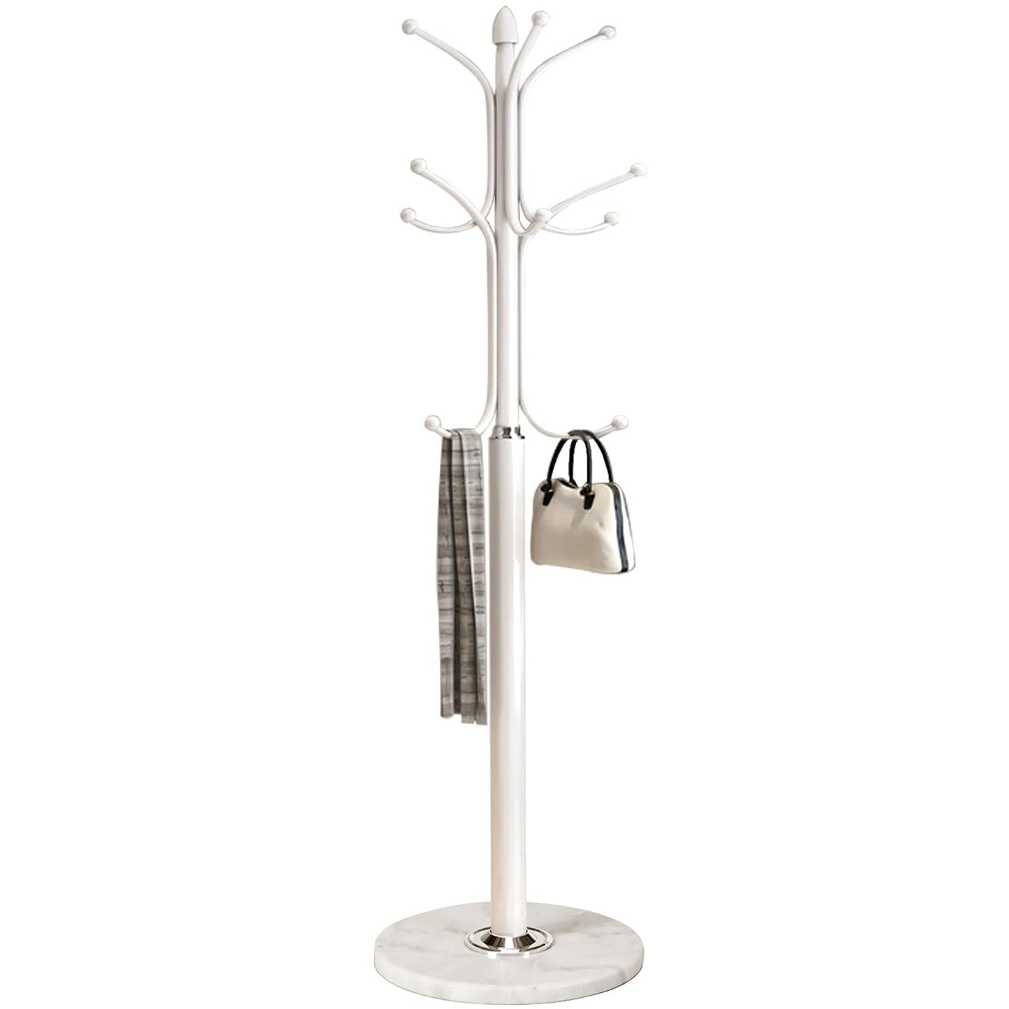Kertnic Freestanding Coat Rack Stand, Heavy Duty Metal Hall Tree with 12 Hooks, 70 Inch Tall Stable Coat Hanger with 14.6" Natural Marble Base, Entryway Organizer for Coats Bags Hats Purses (White)
