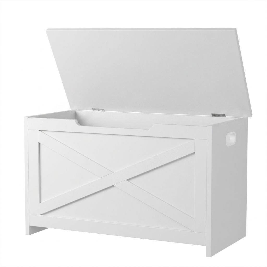 IDEALHOUSE 30" Storage Chest, Toy Chest for Kids, Wooden Large Toy Box, Storage Bench with Safety Hinge, Farmhouse Storage Trunk for Entryway, Living Room, Bedroom, Playroom, Matte White