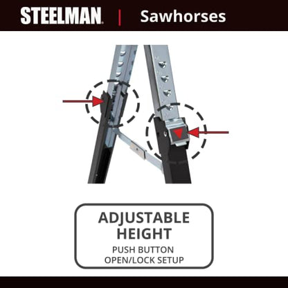 Steelman Adjustable Height Work Table Folding Sawhorses, Set of Two, Durable Steel Construction, Folding Legs, 2x4 Table Support Arms, 2,600 lb. Combined Loading Capacity