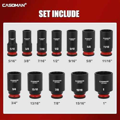 CASOMAN 12-Pieces 3/8" Drive Mid-Length Impact Socket Set, 12-Point, SAE, 5/16-Inch to 1-Inch, CR-MO Steel, with Storage Case