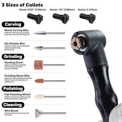 90 Degree Flex Shaft Rotary Tool Handpiece, 41pcs Right Angle Flexiable Shaft Handle Attachment Set Compatible with Flex Shaft Grinder, Bench Polisher, Electric Drill