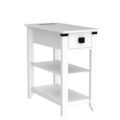 HOSEOKA Narrow End Table with Charging Station, Side Table with USB Ports and Outlets, Nightstand for Small Spaces, Slim Sofa Side Table with Storage Drawer for Living Room, Bedroom, White