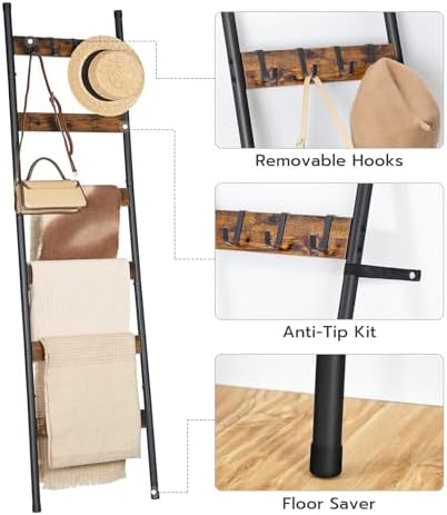HOOBRO Blanket Ladder with Basket and 6-Tier Towel Rack with Hooks Bundle, Blanket Holder Rack, Decorative Shelf, Drying and Display Rack for Bathroom, Living Room, Rustic Brown BF31CJ01-BF66CJ01