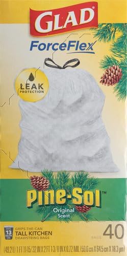 Glad ForceFlex Tall Kitchen Drawstring Trash Bags, 13 Gal, Pine-Sol Original