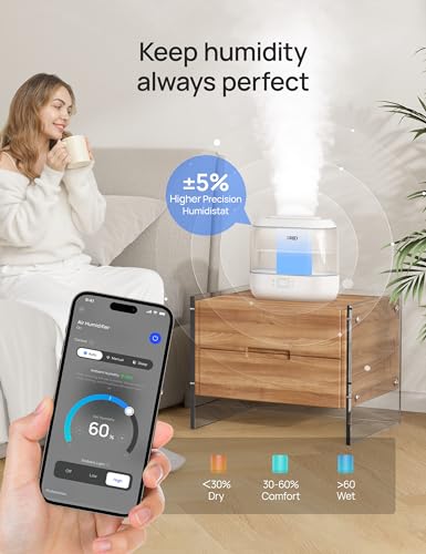 Dreo Smart Humidifiers for Bedroom, Top Fill 4L Supersized Humidifier Large Room with 28 dB, 36H Runtime, Touch/APP/Voice Control, Nightlight, Cool Mist Humidifiers for Baby, Plants, Indoor, Black