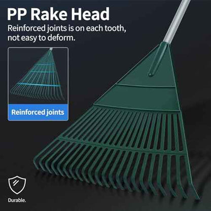Garden Leaf Rake, 60" Garden Rakes with Foldable Lightweight Steel Handle, 22 Tines Plastic Head Shrub Rake, Folding Yard Garden Rake for Lawns, Grass, Flower Beds Leaves Cleaning, Silver & Green