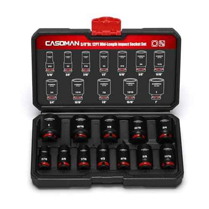 CASOMAN 12-Pieces 3/8" Drive Mid-Length Impact Socket Set, 12-Point, SAE, 5/16-Inch to 1-Inch, CR-MO Steel, with Storage Case