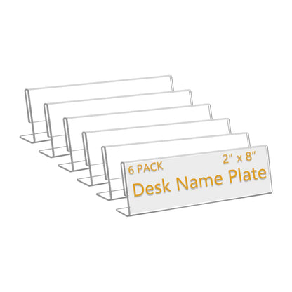 6 Pack 8"W x 2"H Acrylic Office Name Plates Name Labels for Desks, Horizontal Slant Back Clear Desk Sign Holder for Table Display