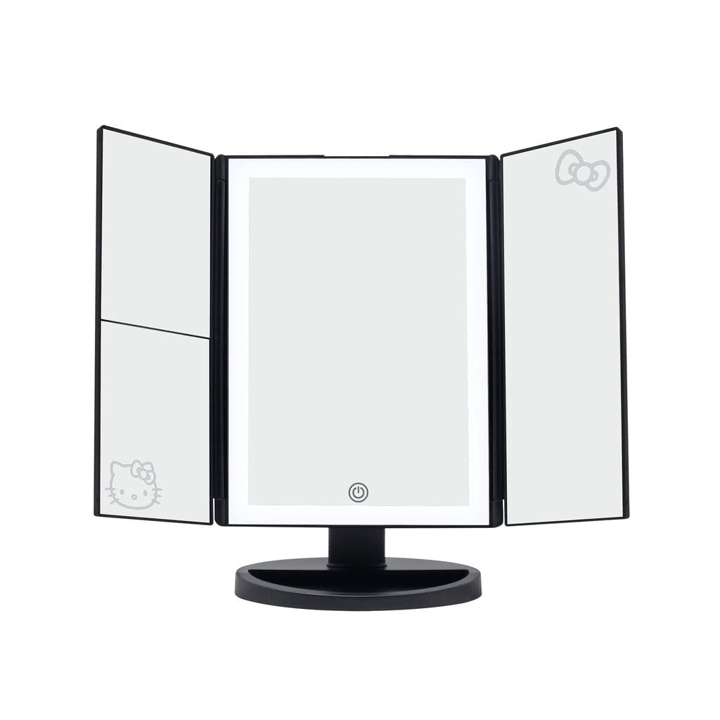 Impressions Vanity Hello Kitty Trifold LED Mirror, Desk Mirror with Lights and Touch Sensor Switch, Lighted Makeup Mirror with 2X and 3X Magnifying (White)