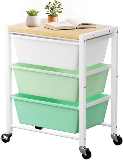 Rolling Cart with 3 Drawers, Plastic Drawer Storage Carts with Lockable Wheels & Wooden Tabletop, Metal Utility Cart Organizer, Office Bedroom Classroom Craft Organization and Storage, Bright Green