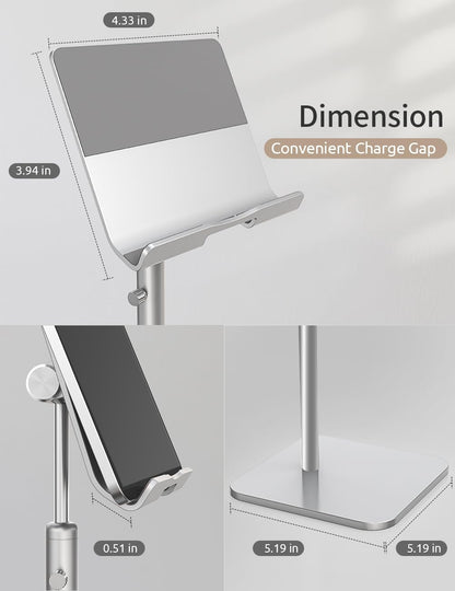 ODOSOLA Tablet Stand Height Angle Adjustable, Eye-Level Desktop iPad Stands Tablet Holder for Home Office, Cradle Dock for iPad Pro 12.9, Air Mini 4, Kindle, E-Reader, Nexus, iPhone (4-13'') Silver