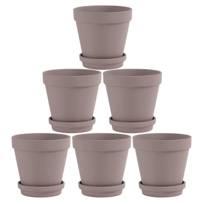Fcacti 6 Inch Grey Clay Pot for Plant with Saucer - 6 Pack Large Terra Cotta Plant Pot with Drainage Hole, Flower Pot with Tray, Terracotta Pot for Indoor Outdoor Plant