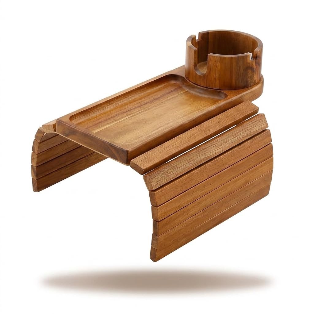 NSS ESSENTIALS Acacia Wood Couch Arm Tray Table with Cup Holder - Flexible Sofa Armrest Tray for Drinks, Snacks & Remote - Natural Wooden Sofa Side Table for Couch, Recliner & Armchair, Natural Wood