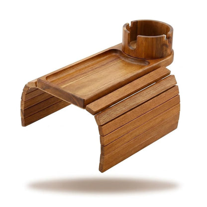 NSS ESSENTIALS Acacia Wood Couch Arm Tray Table with Cup Holder - Flexible Sofa Armrest Tray for Drinks, Snacks & Remote - Natural Wooden Sofa Side Table for Couch, Recliner & Armchair, Natural Wood