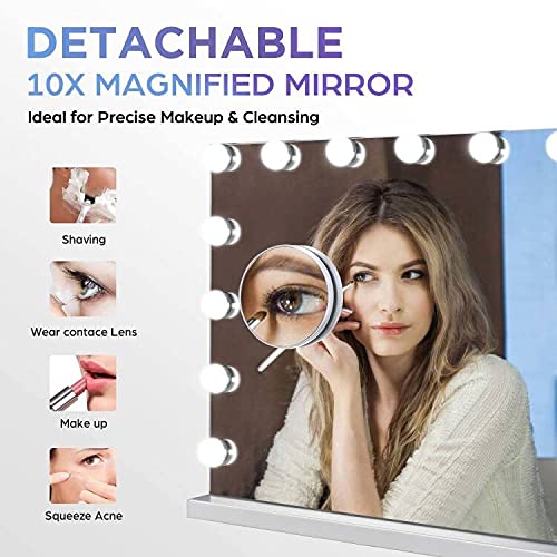 M MIVONDA Hollywood Vanity Mirror with Dimmable 15LED Bulbs Lights 3 Lighting Modes 2in1 Large Lighted Makeup Mirror for Desk and Wall with Plug-in and USB Charger Port