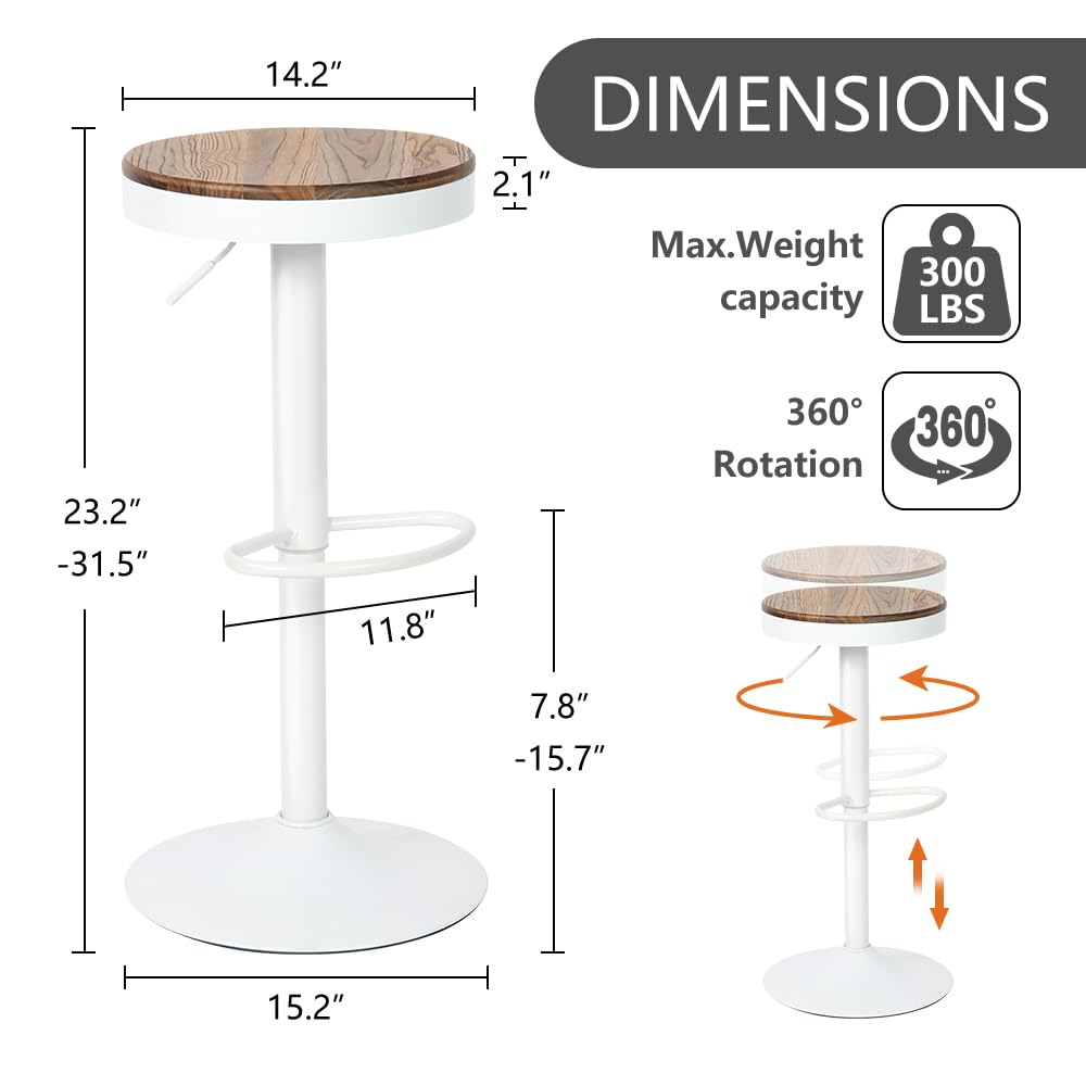 Kidol & Shellder Bar Stools Set of 2 White Round Adjustable Swivel Barstools Modern Backless Bar Chairs Wooden Seat Counter Height Stools Armless for Kitchen Island, Cafe, Dining Room