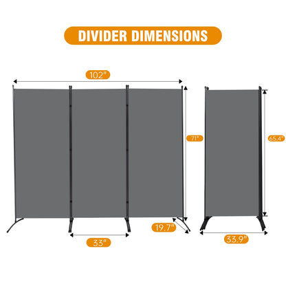 6 FT Tall Room Divider Screen Fabric Wall Divider with Metal Frame, 3 Panel Folding Privacy Screens, Portable Room Divider Panel, Freestanding Room Divider Partition for Office Bedroom Study, Grey