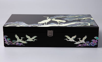 Antique Alive Mother of Pearl Wood Sunglasses Box Eyeglasses Valet Display Storage Case for Glasses, Watches, Jewelry, Trinkets Wooden Accessory Organizer Gift (Crane & Pine Black)