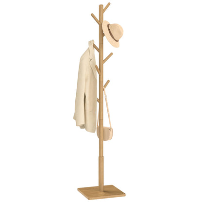 Yawinhe Coat Rack, Sturdy Wooden Coat Tree with 8 Hooks, 3 Adjustable Height for Bedroom, Hallway, Entrance, Office, 11.8 x 70.8 inches, Natural, 1-Pack, Square Base